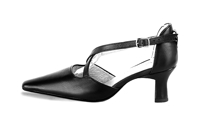 Satin black open side elegant shoes, with crossed straps. Tapered toe. Medium spool heels. - Florence KOOIJMAN